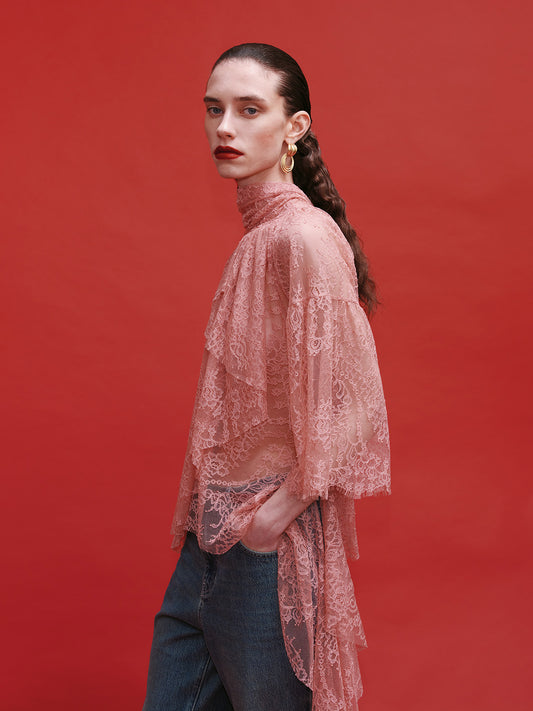 Pink Tie Irregular Hem Lace Top