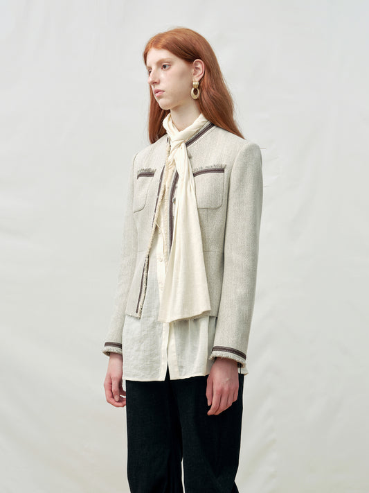 Tassel-Trim Color-Blocked Stand Collar Waist-Cinched Blazer Jacket