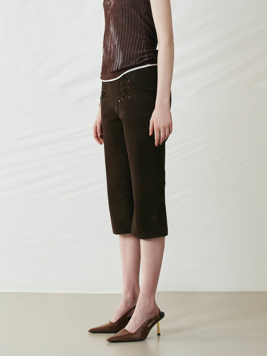 Perforated Lace-Up Cropped Leather Pants