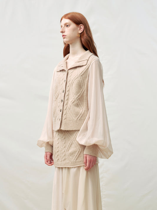 Cashmere Wool Cable Knit with Chiffon Lantern Sleeve Cardigan