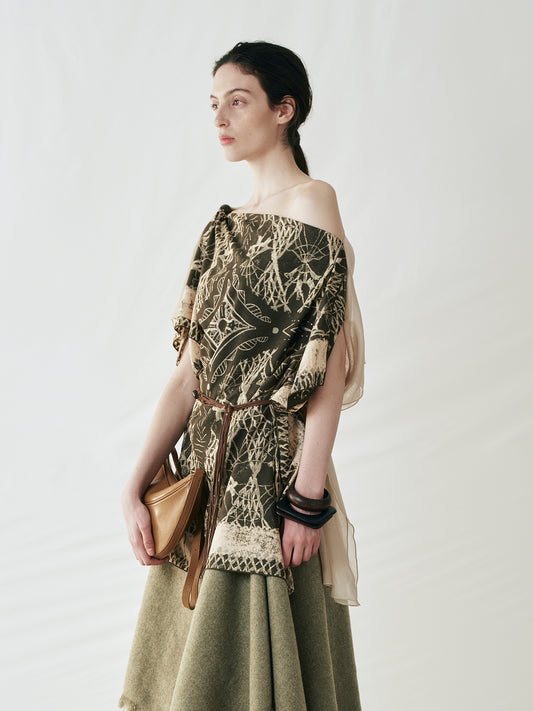 Beaded Printed Scarf Asymmetrical Shoulder Top