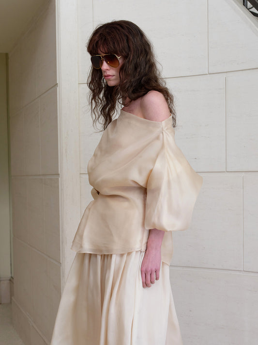 Silk Organza Satin Asymmetric One-Shoulder Ruched Long Sleeve Top