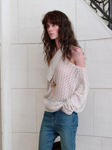 Hollow Grid Knit Asymmetric One-Shoulder Pullover