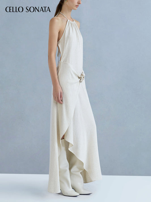 Linen halter-neck backless dress