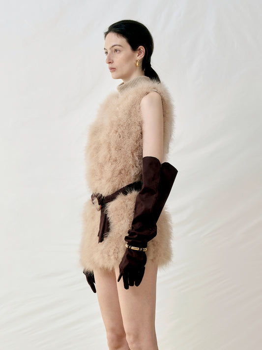 Turkey Feather Ribbed Neck Sleeveless Mini Dress