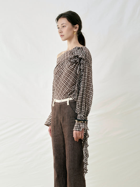 Asymmetrical Shoulder Plaid Ruffle Top