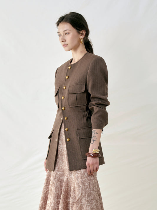 Round Neck Waist-Cinched Wool Yarn-Dyed Dark Stripe Jacket