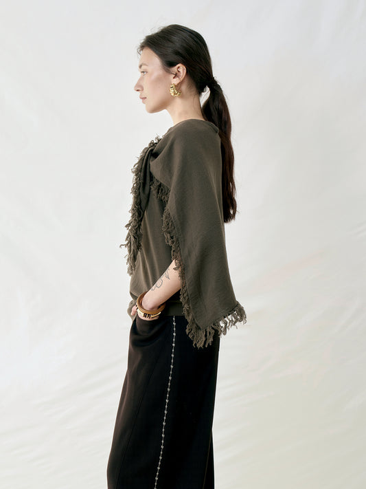 100% Wool Tassel Tie Cape Top