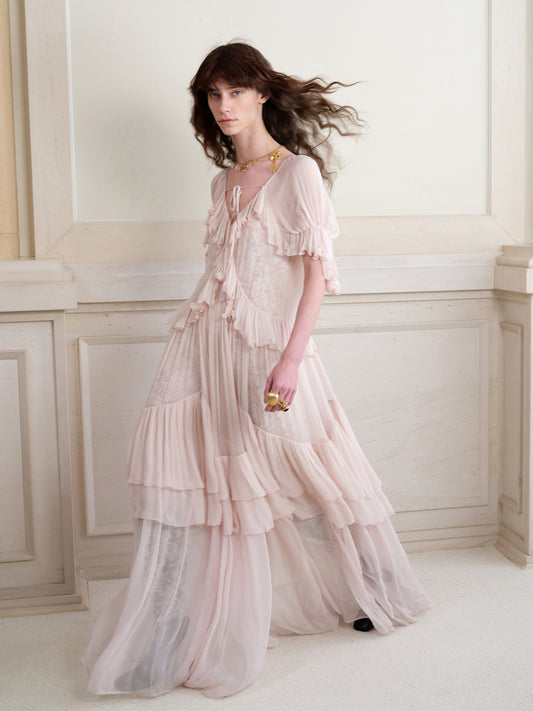 Pink Lace Three-Quarter Sleeve Ruffle Dress