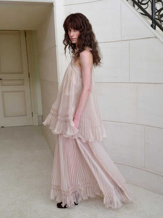 Sheer Yarn Fixed Pleat Halter Tie Dress