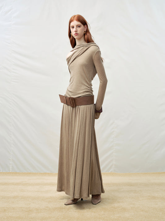 Asymmetrical Shoulder Cut-Out Ribbon Knit Dress