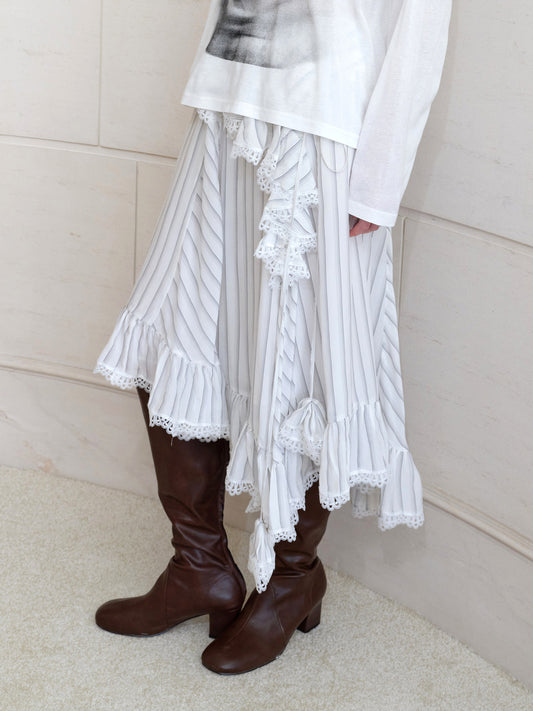 Striped Lace-Panel Ruffle Skirt