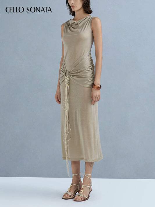 Coconut shell buckle draped neckline dress