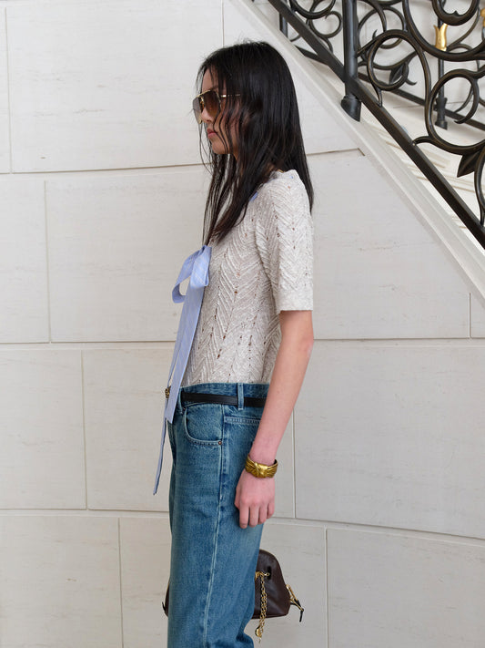 Round Neck Waist-Cinched Wool Yarn-Dyed Dark Stripe Jacket