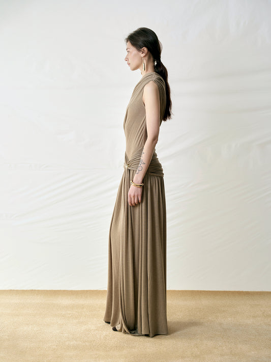 Asymmetrical Shoulder Gold Bead Dress
