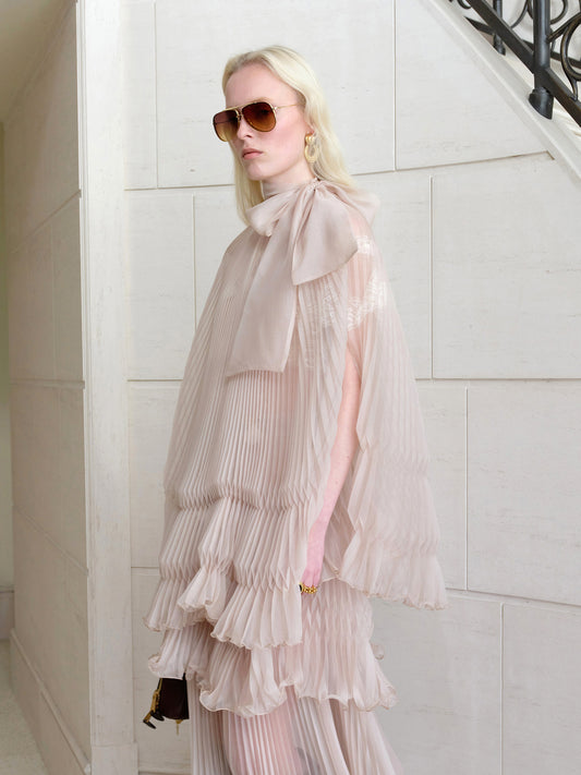 Sheer Yarn Fixed Pleat Bow Tie Top