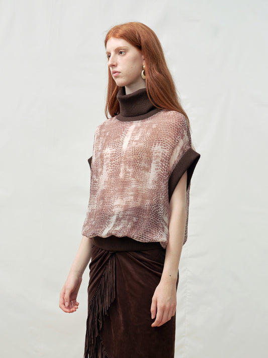 Brown Snake Print Turtleneck Drop Shoulder Top