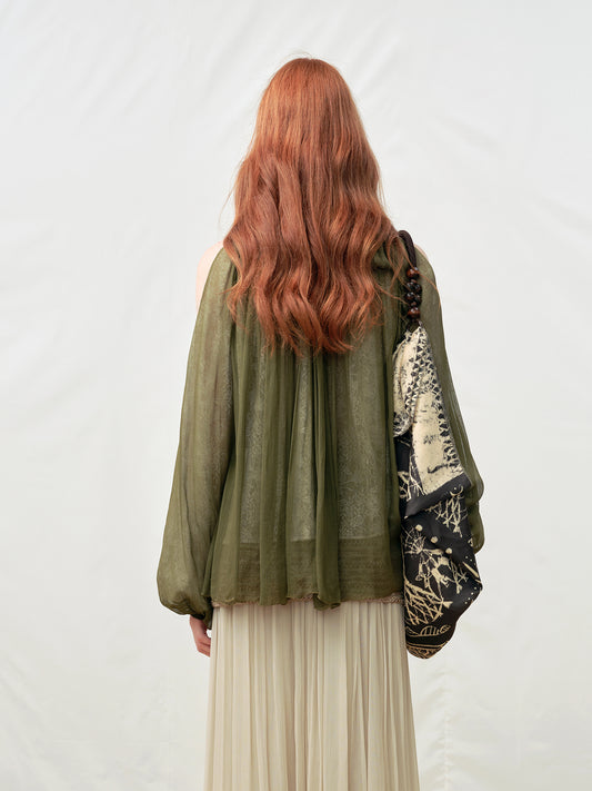 Green Ribbed Collar Off-Shoulder Pleated Top