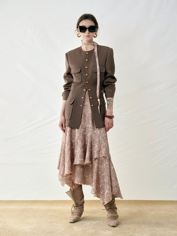 Paisley Double-Layer Irregular Hem Frayed Skirt