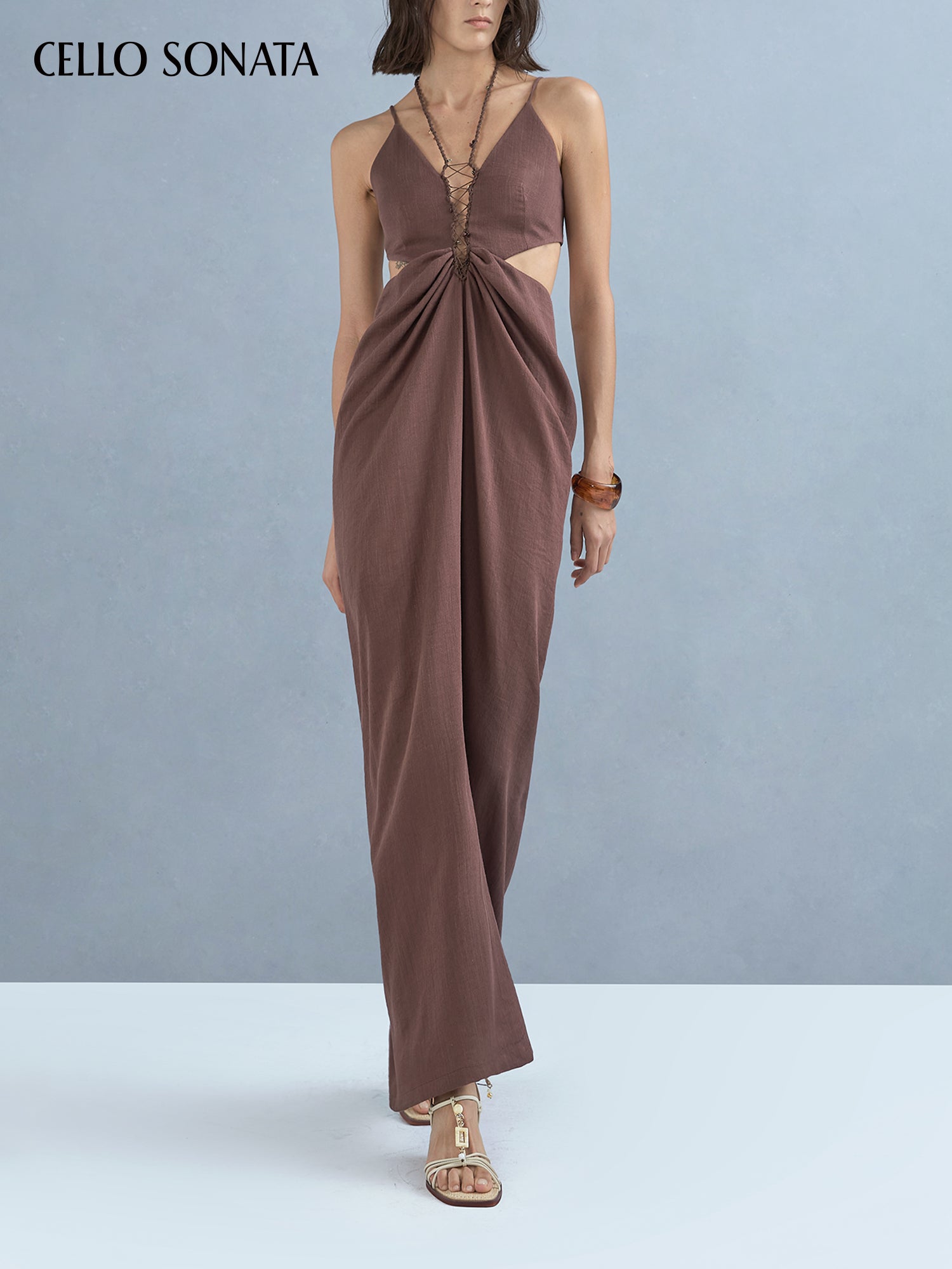 Deep V woven tie-back crop dress