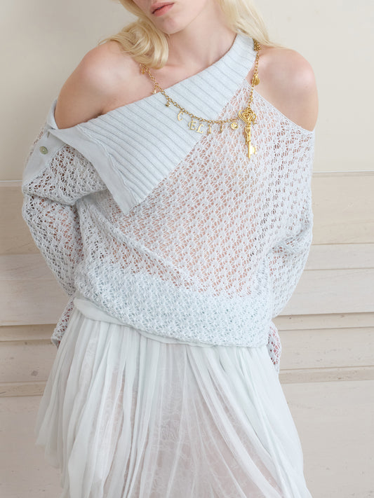 Hollow Grid Knit Asymmetric One-Shoulder Pullover