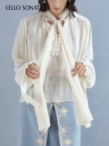 Cotton-linen Striped Jacquard Shirt with Streamer