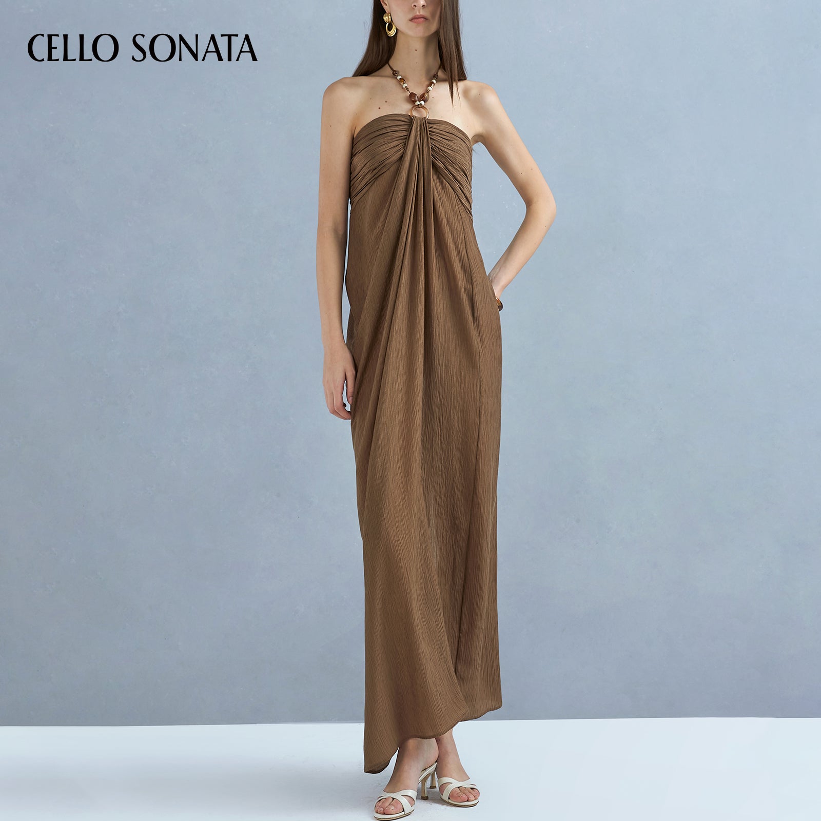 Beaded draped strapless halter dress