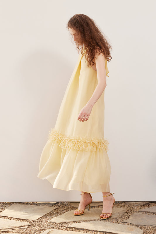 Yellow and white halter neck organza tassel hem A-line dress