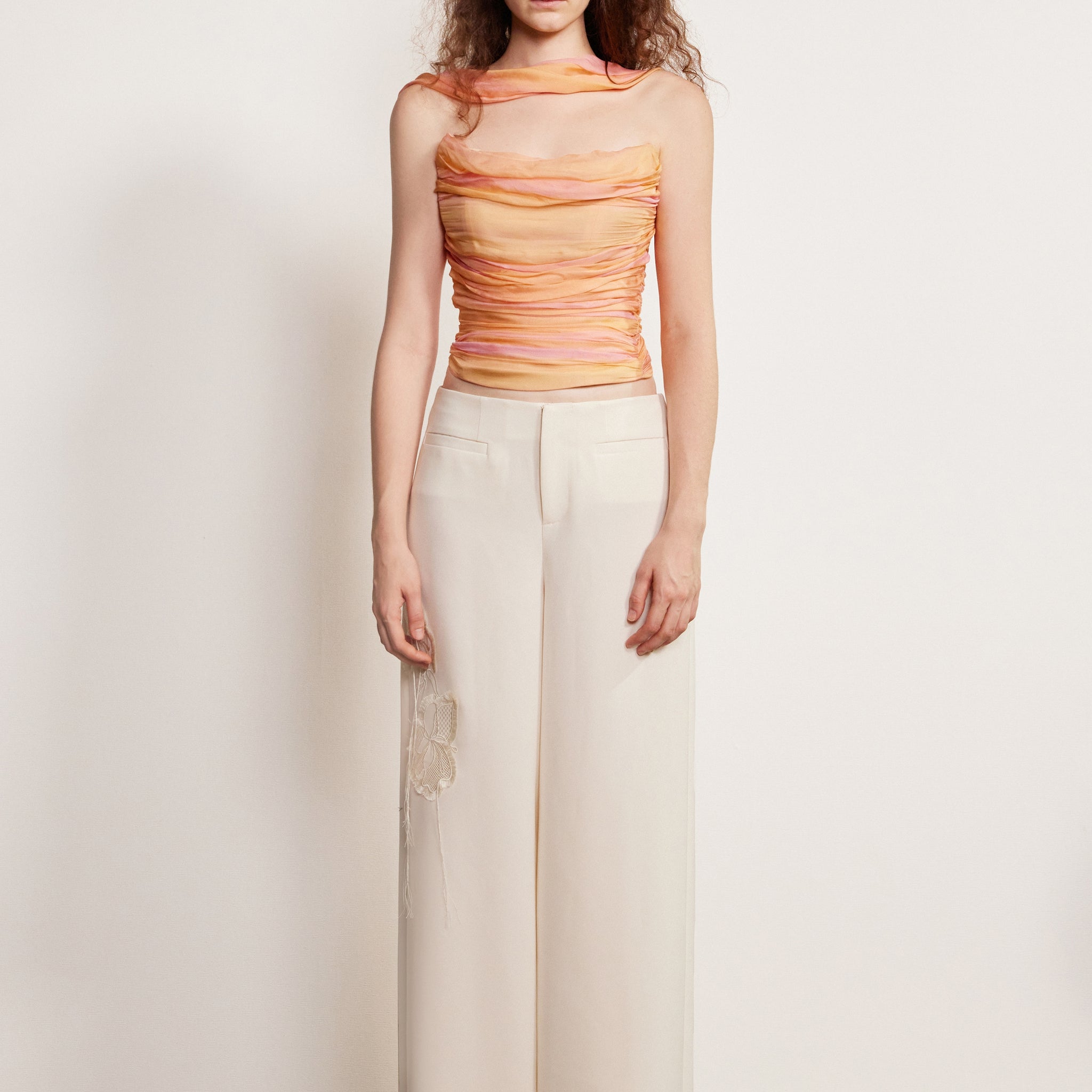 Printed silk halter neck ribbon top