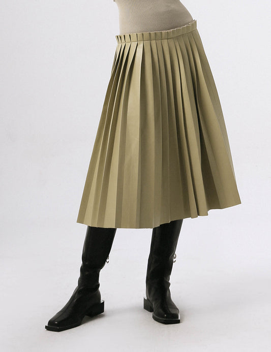 Thread Stitching Pleated Leather Skirt